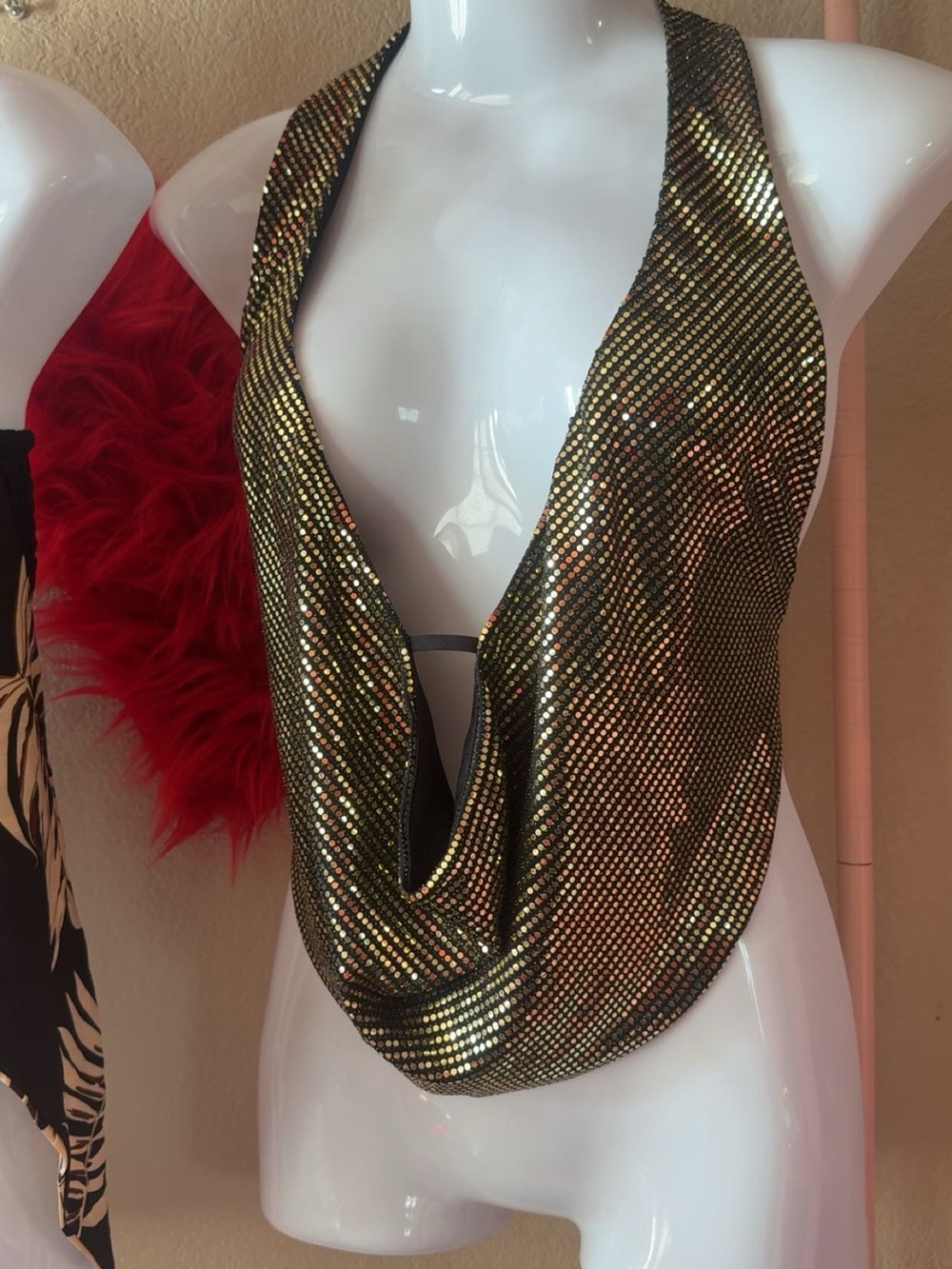 Gold Metallic Sequin Drape Halter Top